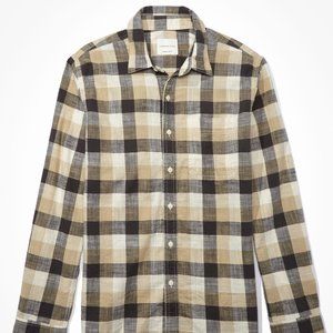 NWT AE Super Soft Everyday Button Up Shirt Tan Plaid XXXL
